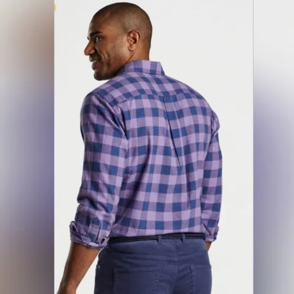 Peter Millar Purple Navy Check Cotton Button Up Casual Men's Collared Shirt Med